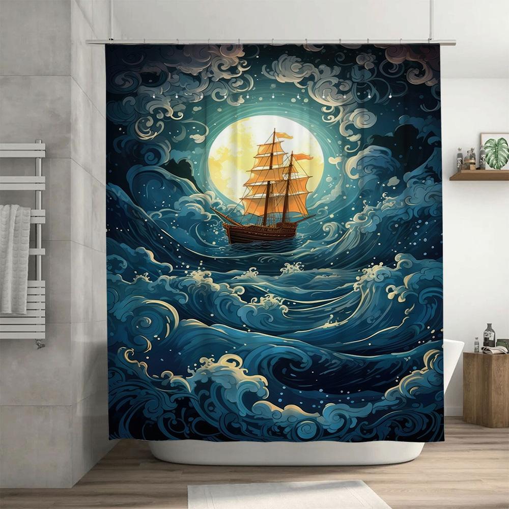 Vivid Night Ocean Sailboat Waterproof Shower Curtain Modern Art Decor for Bathroom Customizable Size Options Available