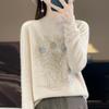 Women's Autumn Rhinestone Semi-High Neck Knitted Pullover Sweater - Loose, Slimming, Fashionable