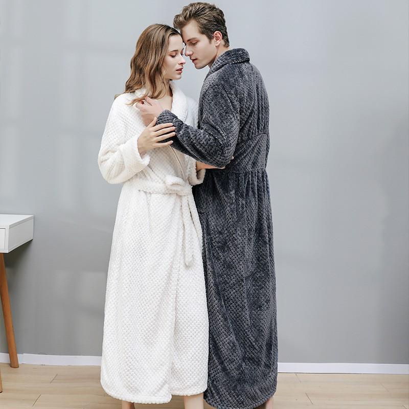 Women's & Men's Extended Length Winter Plush Flannel Bathrobe & Pajamas Set
