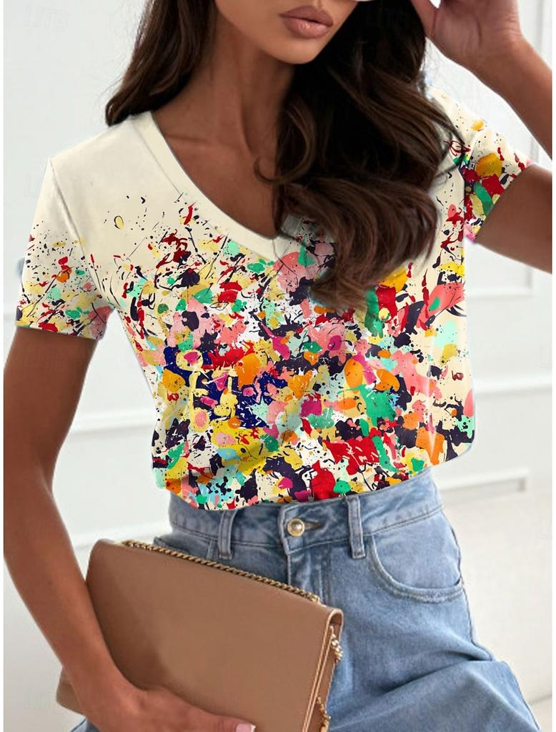 Women's fashionable printed T-shirt with floral pattern, casual short-sleeved V-neck, regular top, everyday printed T-shirt, casual blouse