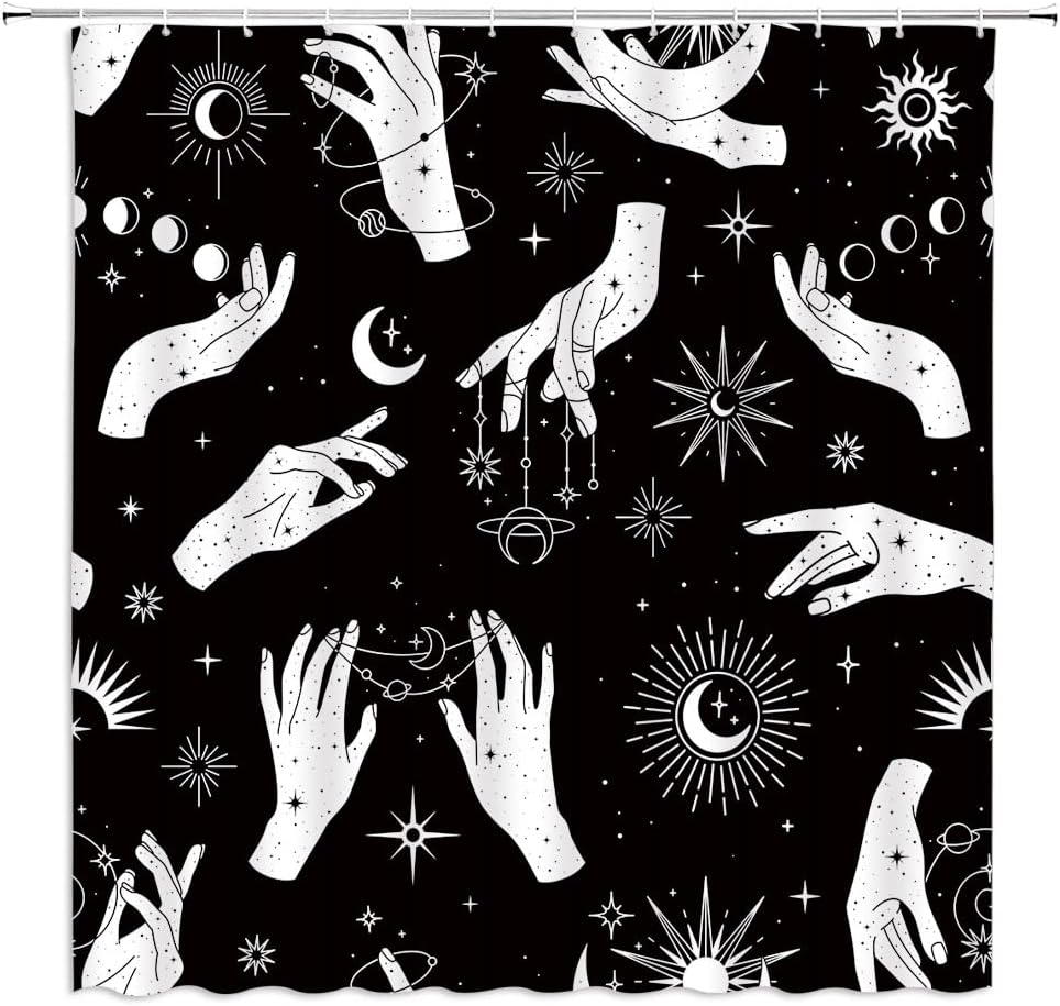 Witchy Shower Curtain Sun Moon Ouija Board Star Spooky Hand Palmistry Magic Tarot Boho Witchcraft Alchemy Gothic Halloween Black