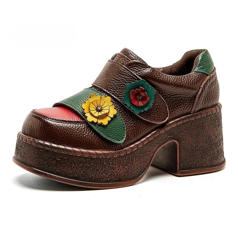 

2025 New 7cm Top Layer Cowhide Spell Color Flowers Women s Fashionable Shoes Thick Sole Non-slip Elevator Shoes High Heels Tide 40