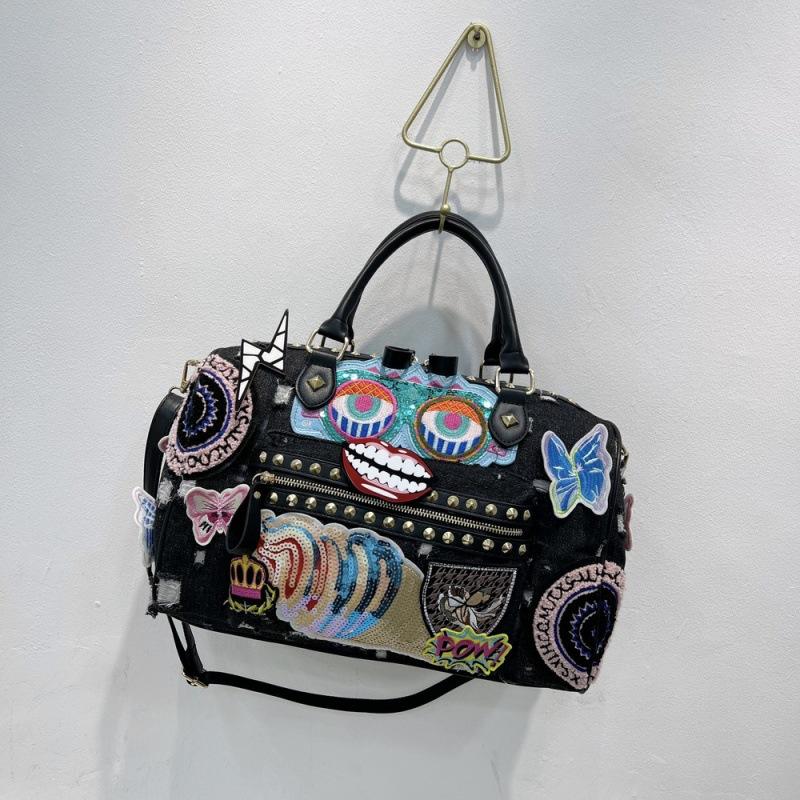 Сумка Женская Контрастные Заклепки Значок Вышивка Блестки Джинсовая Сумка Ручная Сумка Через Плечо Кроссбоди Забавная Женская Сумка