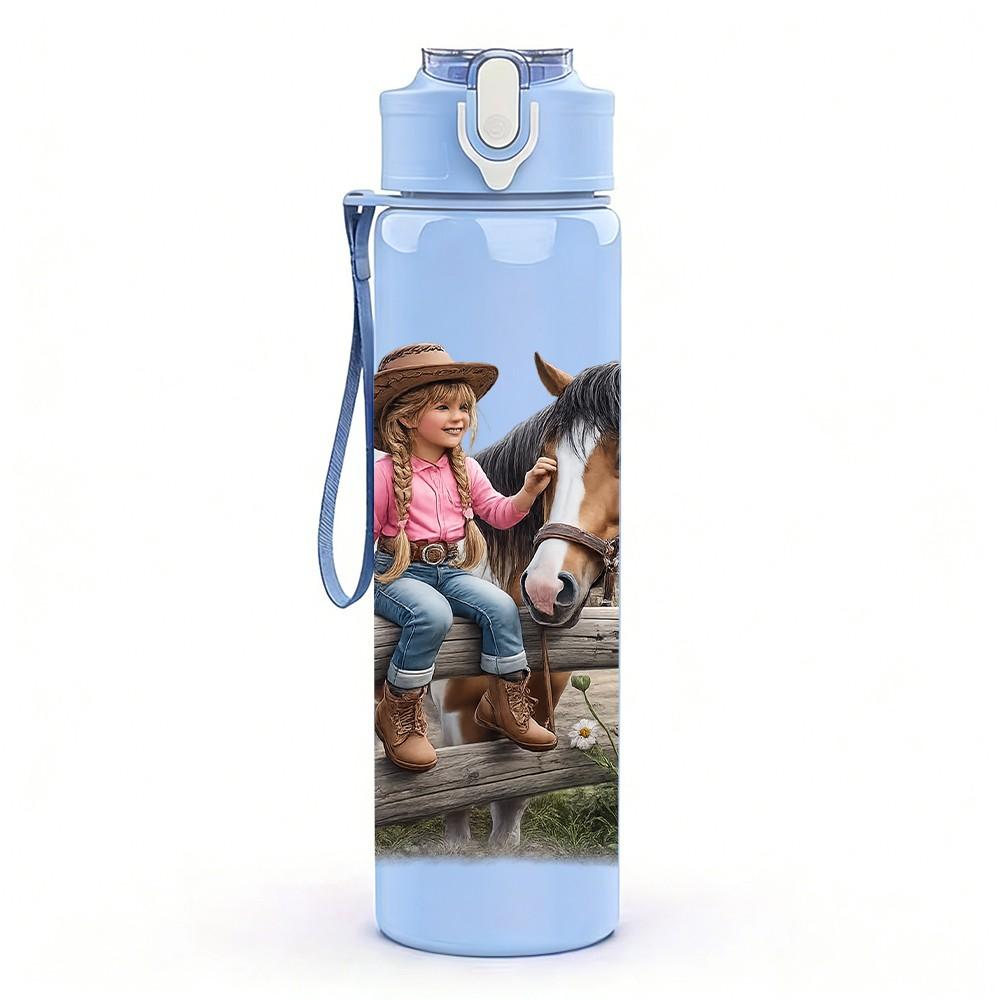 1PC Cowgirl Horse Western Scene Print 750ml Color Plastic Sports Water Bottle Leakproof Flip Straw Lid Suitable for Sports Office Home Use