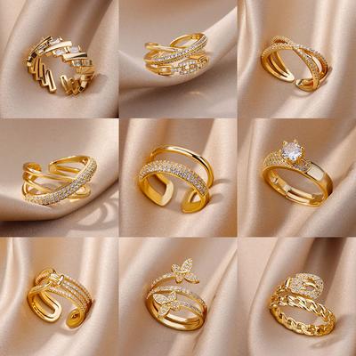 Anéis Abertos de Camada Dupla com Zircônia para Mulheres Cor Dourada Ajustável Aço Inoxidável Anel Casamento Estética Joias Presente Bijoux Femme