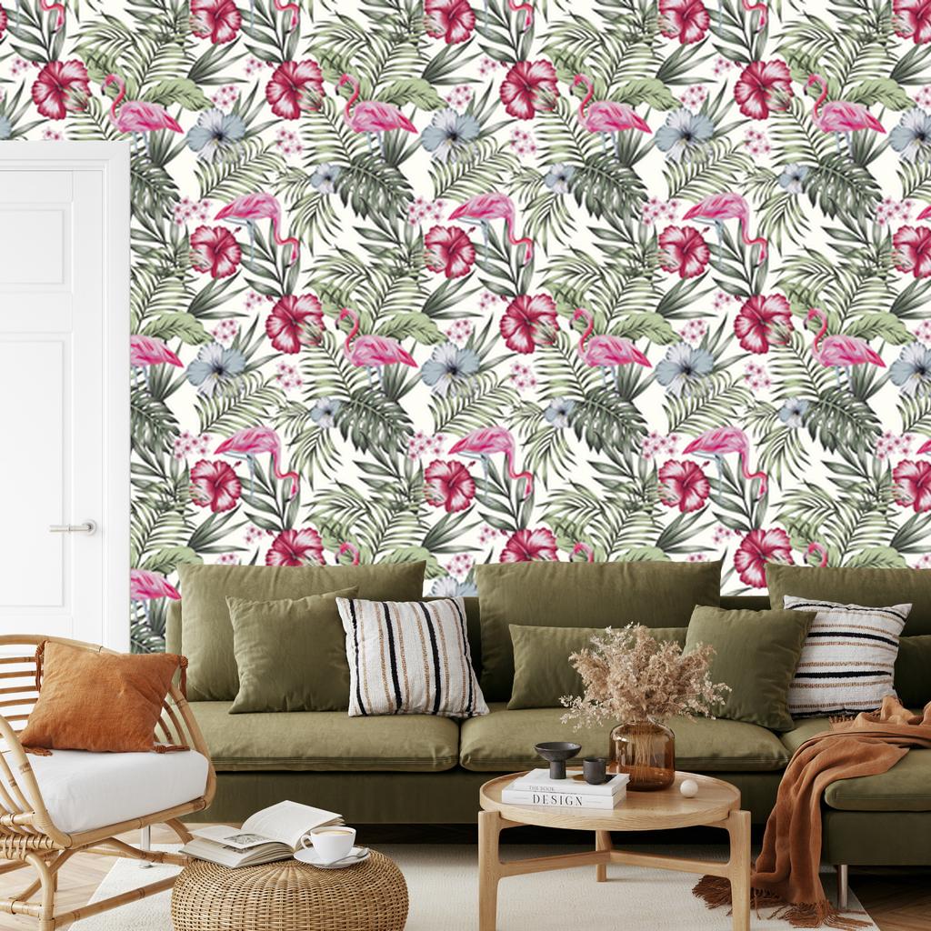 Tropical Flamingos, Leaves and Flowers Wallpaper for Living Room and Bedroom 50x1000