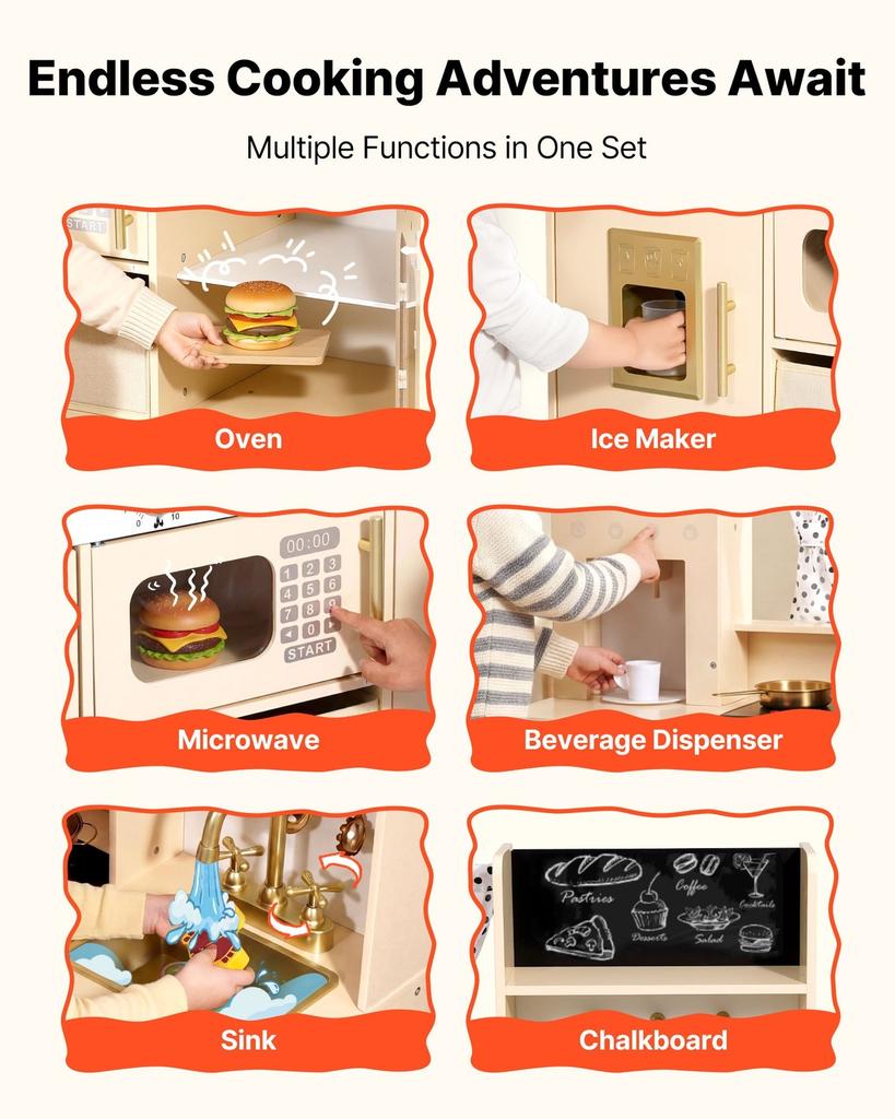 Cucina Giocattolo per Bambini, in Legno, Set da Cucina Giocattolo con Luci e Suoni Realistici, Cibo e Utensili da Cucina, Set Giocattolo per Giochi di Finzione Stile Moderno, Macchina del Ghiaccio,