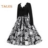 Damen Halloween Kleid A-Linie Big Swing Totenkopf Print Schnürung Schleife Gürtel Gewellter V-Ausschnitt Patchwork Plissee Lange Ärmel Party Karnevalskleid