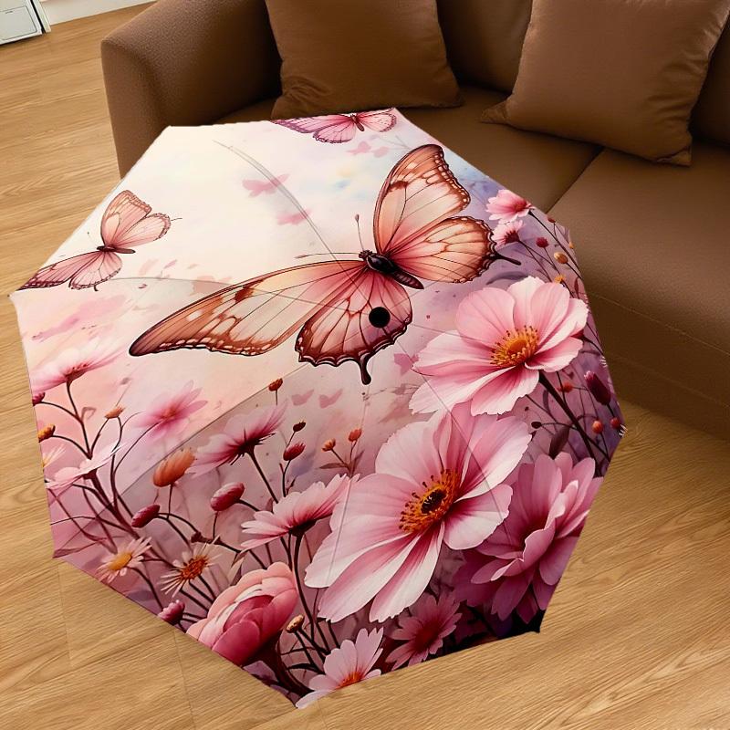 1pc Butterfly Flowers Automatic Open/Close Umbrella Compact Folding Umbrella with 8-Rib Shaft for Women/Men, Portable Travel Umbrella,1181S