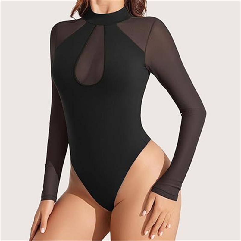 Women's Solid Mesh Mock Neck Cutout Bodysuit Long Sleeve Slim Fit Sheer Top Thong Body Suit Going Out Tops Airplane Outfit Women