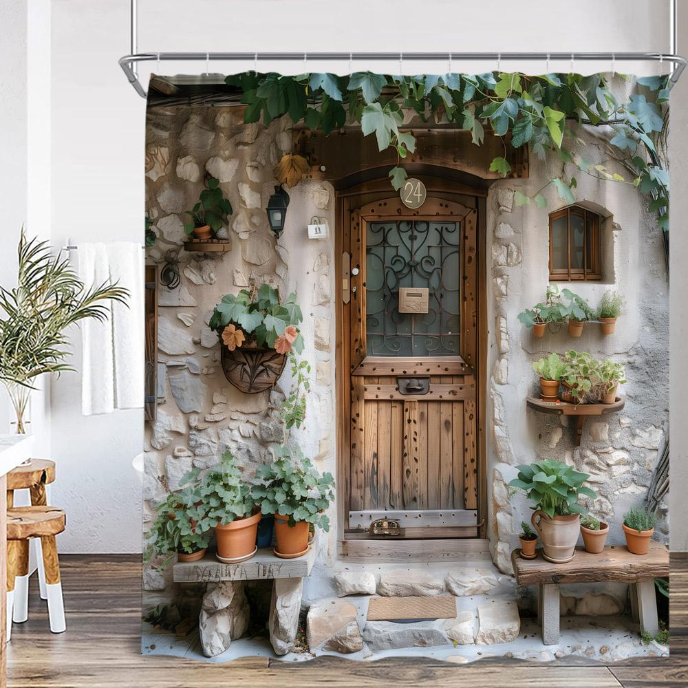 Italienischer Street View Duschvorhang Grüne Ranke Rote Rose Fensterbank Außenpflanze Europäische Badezimmerdekoration Polyester Duschvorhang