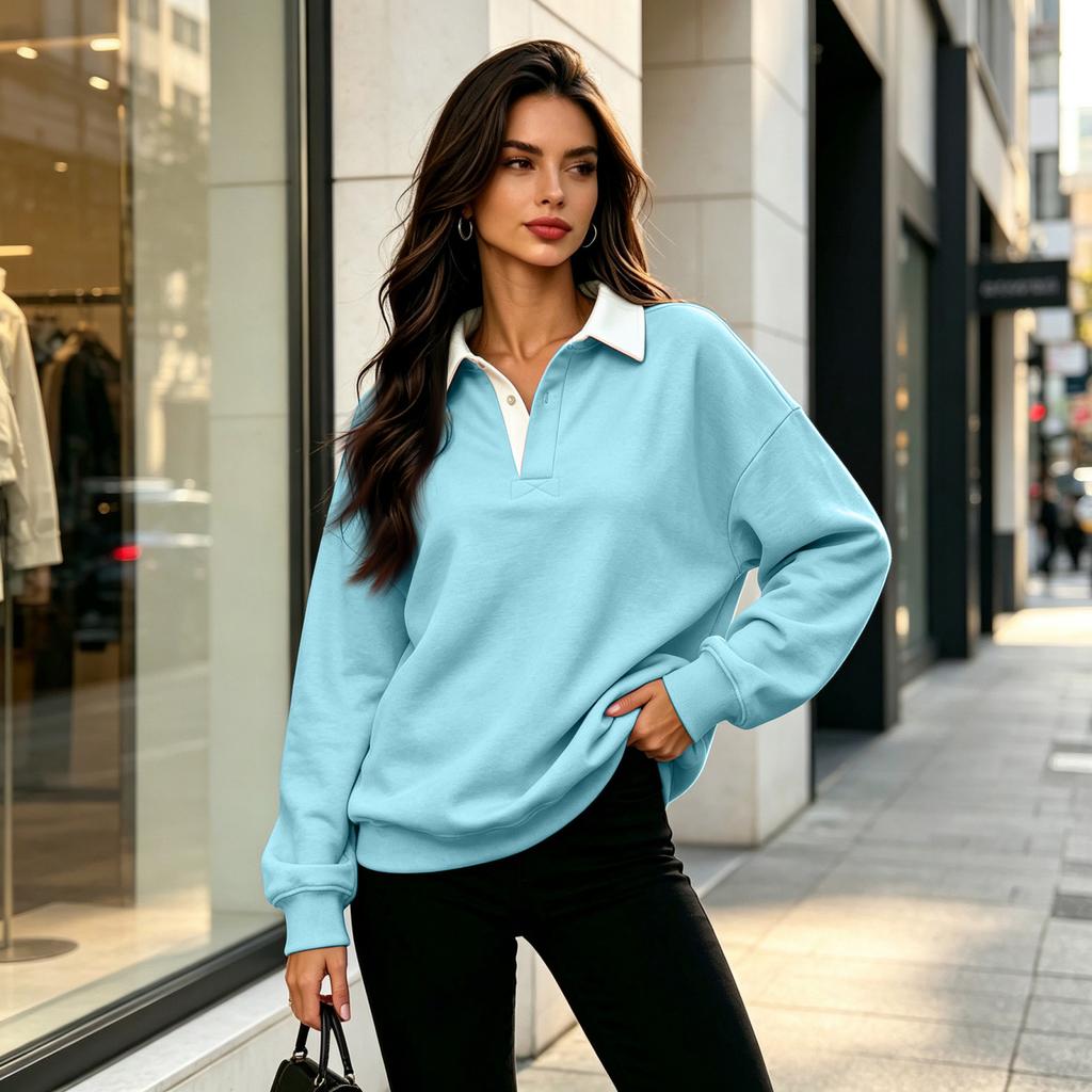 Women's Casual V-Neck Long Sleeve Color Pullover Sweatshirt for Everyday Wear