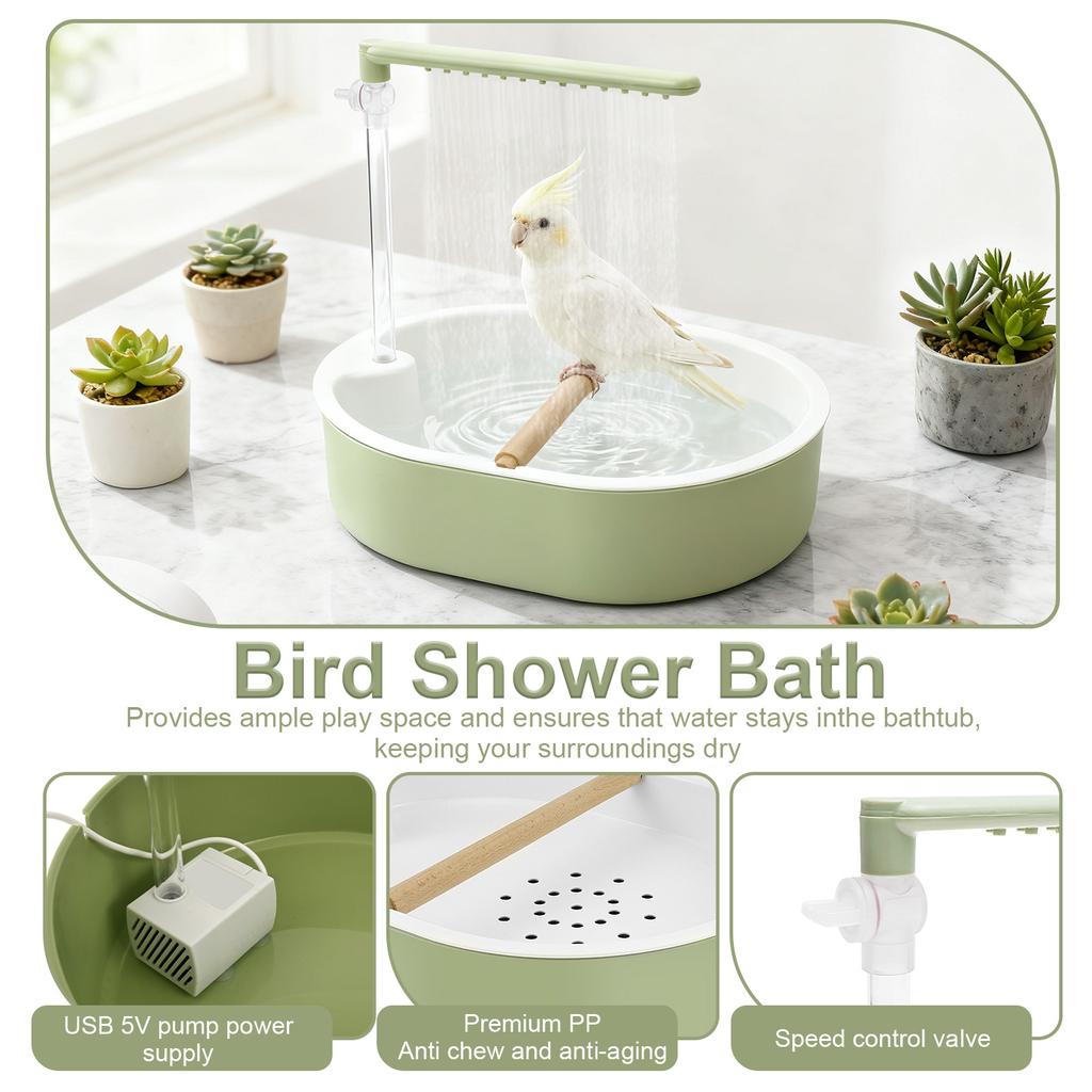 Pet Bird Bath Adjustable Water Flow Parrot Shower Fountain with Speed Control Valve and Quiet Water Pump Bird Cage Accessories