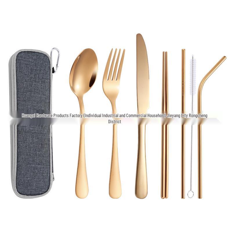 Stainless Steel Outdoor Travel Cutlery Set: Knife, Fork, Spoon, Straw, Chopsticks with Storage Bag
