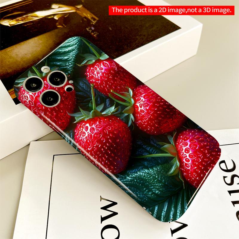 2DFlat Glossy Strawberries on Deep Green Leaves All inclusive film hard iPhone case, compatible with iPhone 18 Pro Max 17 16 15 14 13 12 11