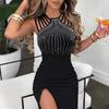 Women's Sexy Rhinestone Evening Dress, High Slit Bodycon Halter Neck Party Gown, Sleeveless Sparkly Formal Banquet Nightclub Maxi Dress for Ladies