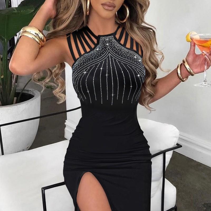 

Women s Sexy Rhinestone Evening Dress, High Slit Bodycon Halter Neck Party Gown, Sleeveless Sparkly Formal Banquet Nightclub Maxi Dress for Ladies S чёрный