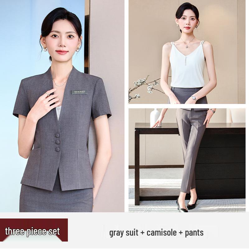 Women's Blue Short-Sleeve Professional Suit Set for Hotel Manager or Receptionist - Spring/Summer Formal Workwear