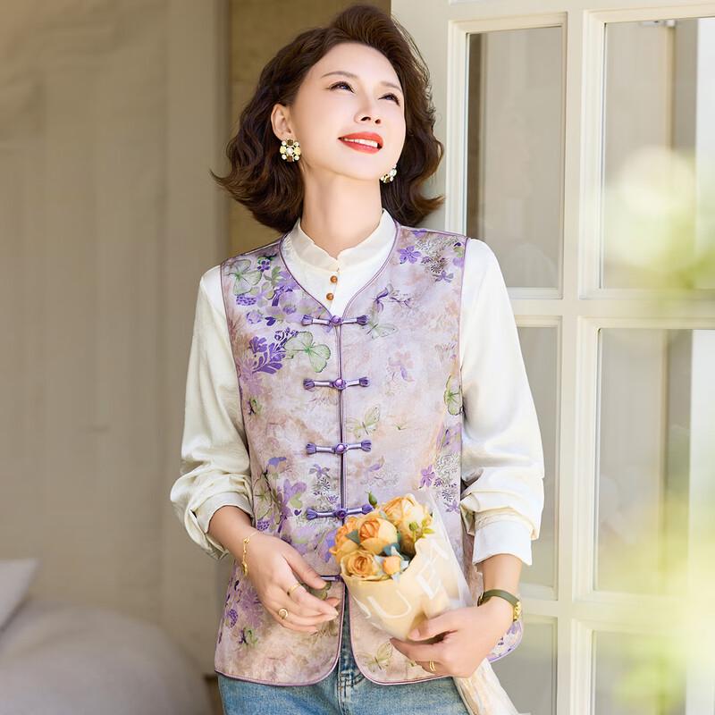 Pasto 2025 Autumn New Chinese Style Floral Print Disc Button Vest