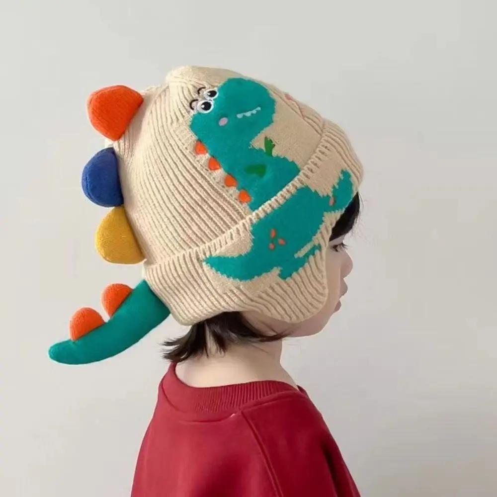 Winter Warm Knit Beanie Hats Ear Protection Hat Cartoon Dinosaur Baby Hat Children Windproof Cold Proof Head Cover бежевый