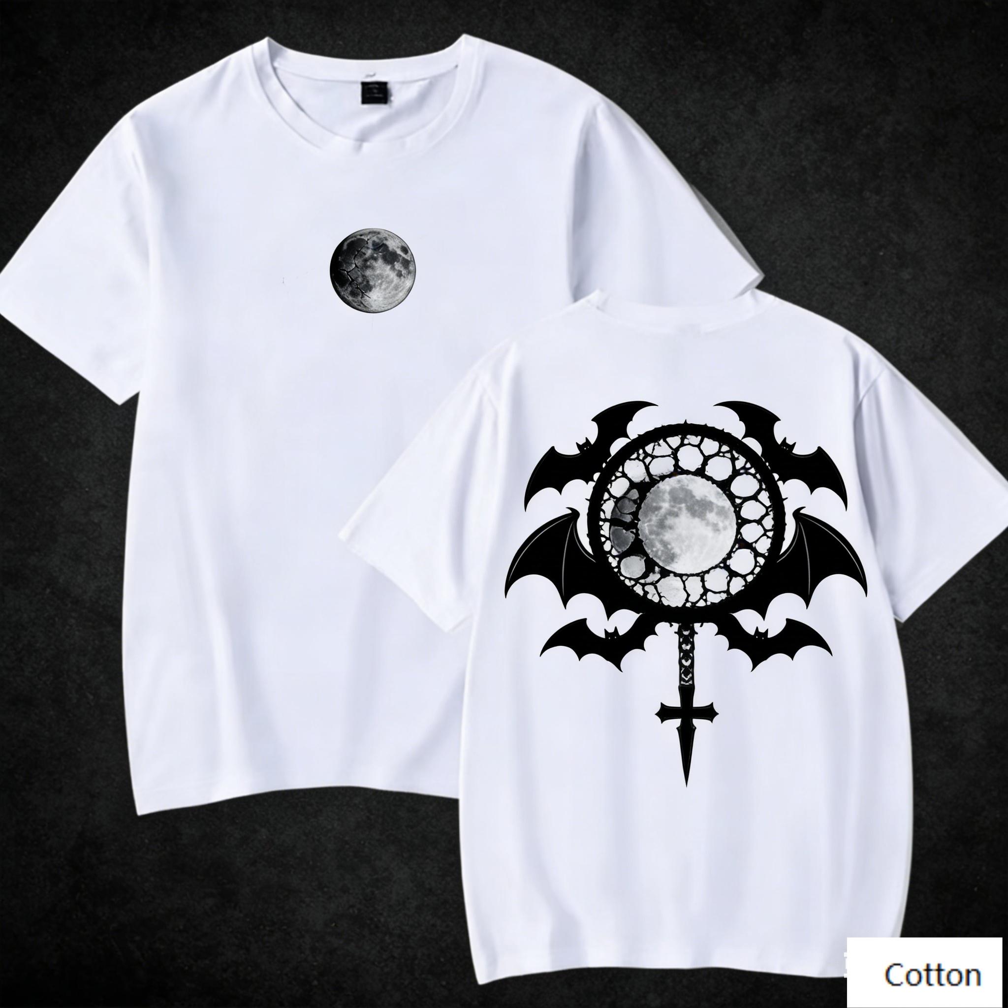 

Oversized TShirt with Moon Bat Wings Graphic Loose Streetwear Style Soft Breathable Fabric Classic Crew Neck 4XL