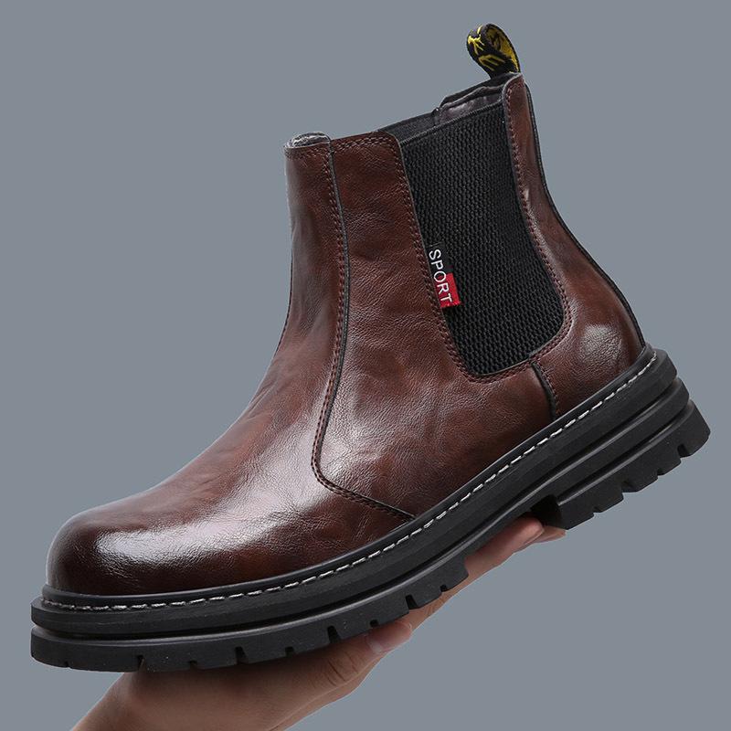 Men's Winter Martin Boots: Trendy Genuine Leather, Plush Lining, Retro Thick-Soled Chelsea Design for Warmth and Comfort.