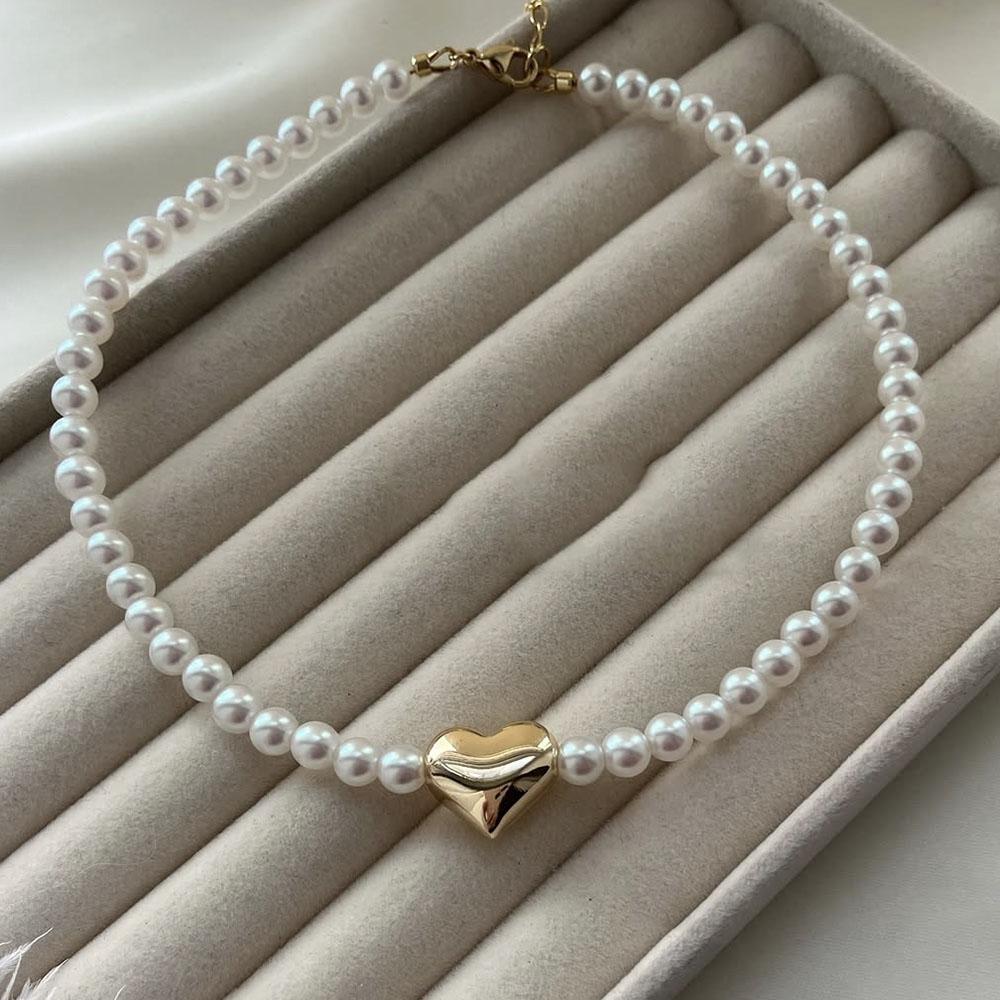 Trend Elegant Beach Jewelry Wedding Big Imitation Pearl Choker Necklace For Women Crystal Heart Pendant Necklace