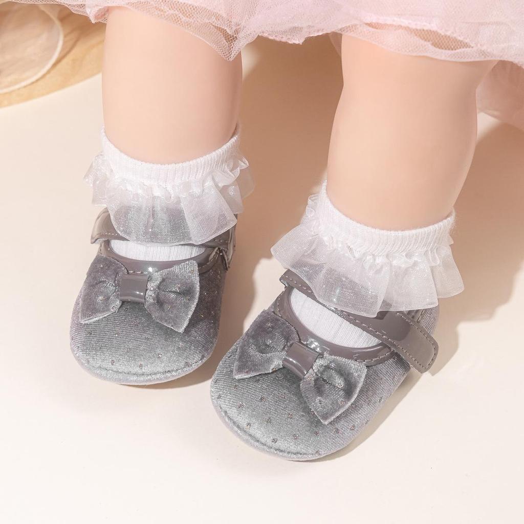 2025 Girls' Velvet Bow Princess Walker Shoes - Soft Sole, Korean Style
