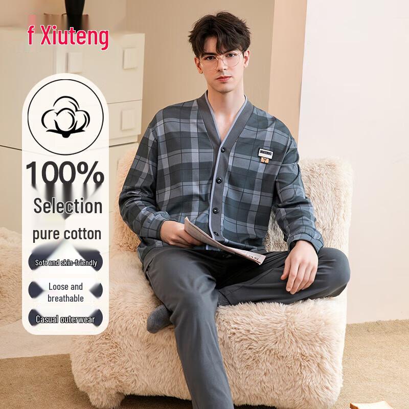 Fenteng Men s Pure Cotton V-Neck Plaid Loungewear Set XL