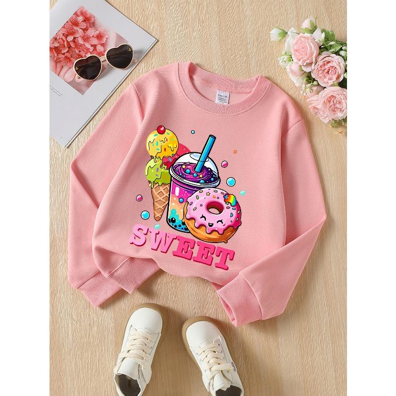 European sizes Girls' Sweatshirts, Kids Girls' Crew Neck Fashion Top, "Sweet Ice Cream Donut Drink" Patterned Sweatshirt for Everyday Casual Wear
