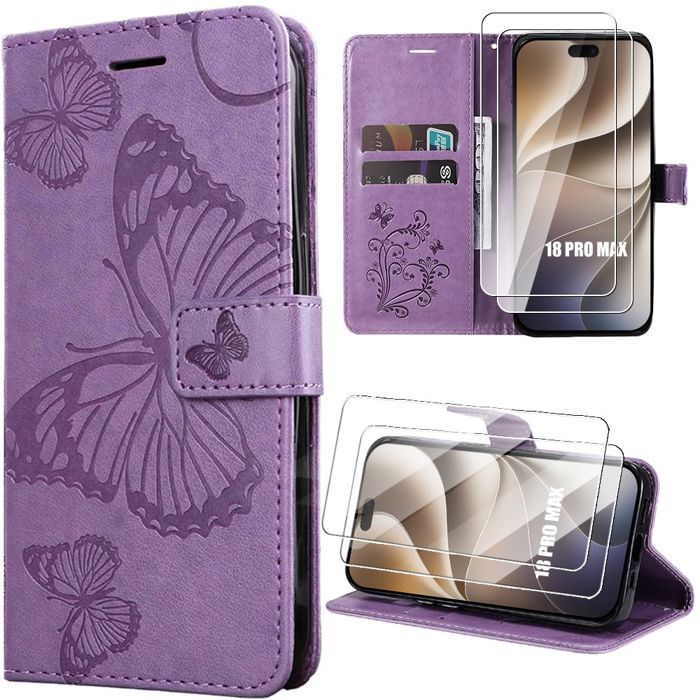 Coque + 2 Verres Trempés pour iPhone 18 Pro Max, Synthécuir Anti-Rayures Motif Papillon Violet