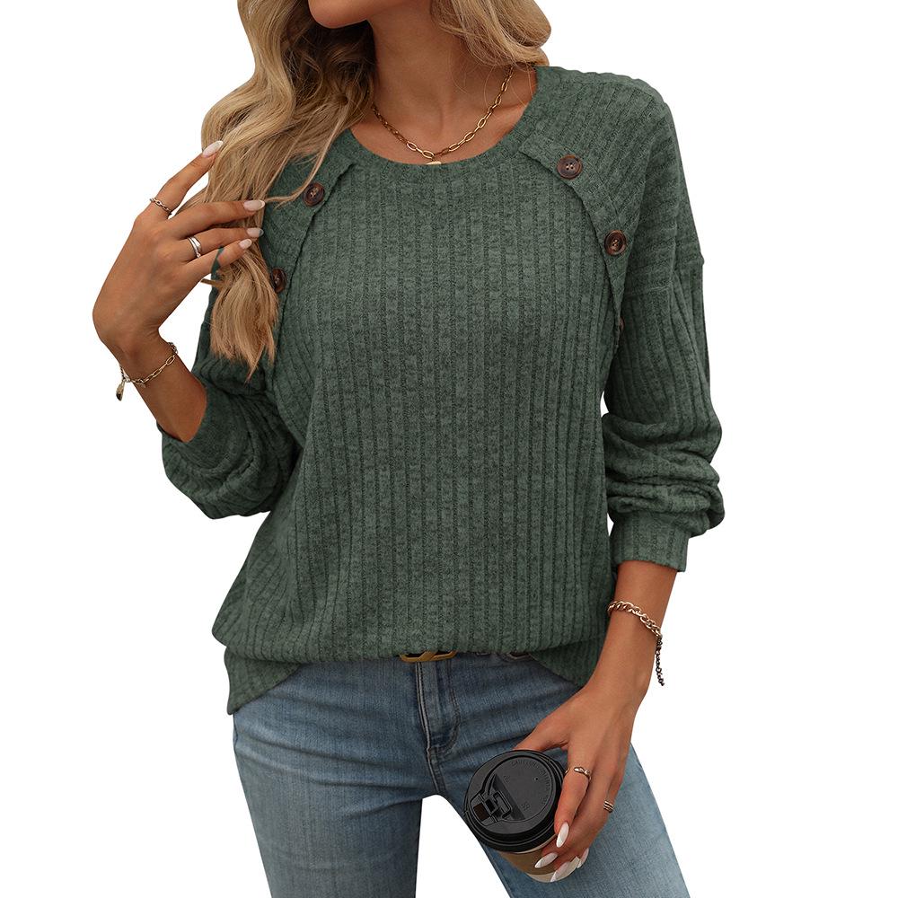 2024 Women's Crew Neck Ribbed Long Sleeve Button T-shirt - Solid Color