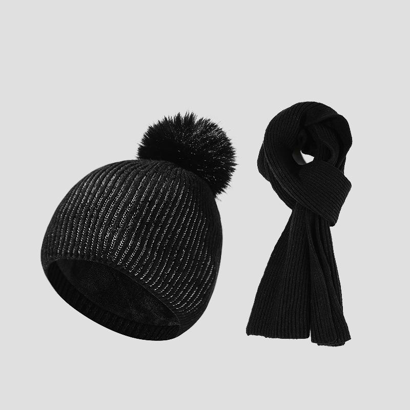 Autumn Winter Wool Cap Scarf Two-Piece Set with Ball Cap Women Knitted Cap