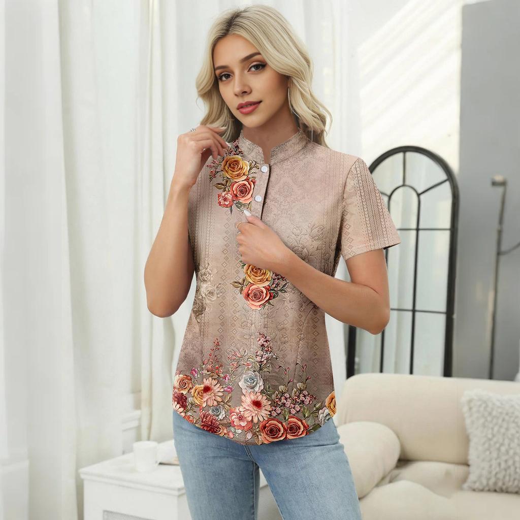 Women's Casual Floral Print V-Neck Short Sleeve Decorative Button T-Shirt Top