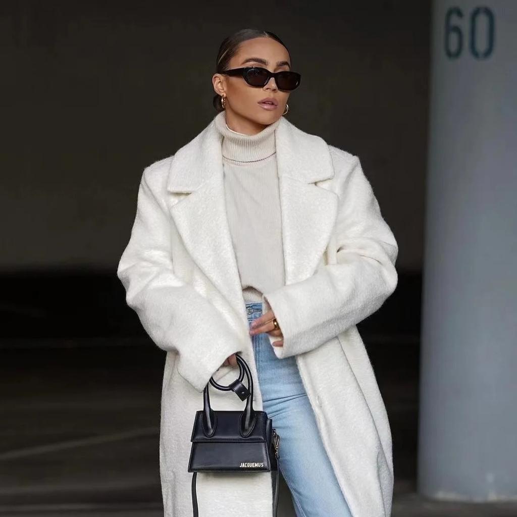 Women Solid Color Loose Cardigan Large Coat Autumn Winter Warm Plush Coat Women Long Sleeve Single Button Turn-down Collar Coat