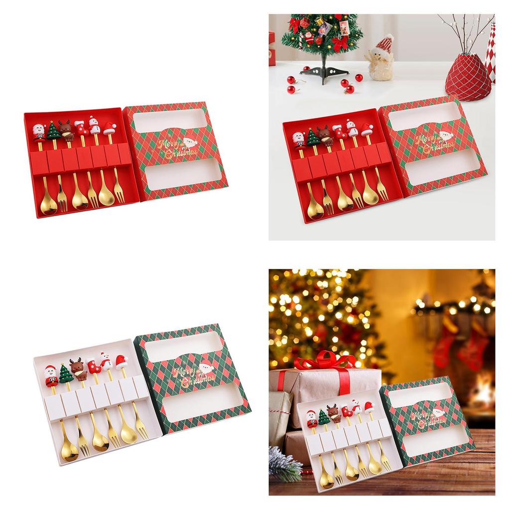 6Pcs Christmas Coffee Spoons Forks Set Cutlery for Stirring Sugar Home