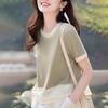 Summer hook lace hollow splicing round neck women's color matching knitted top