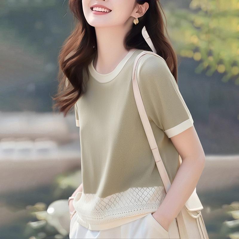 Summer hook lace hollow splicing round neck women's color matching knitted top