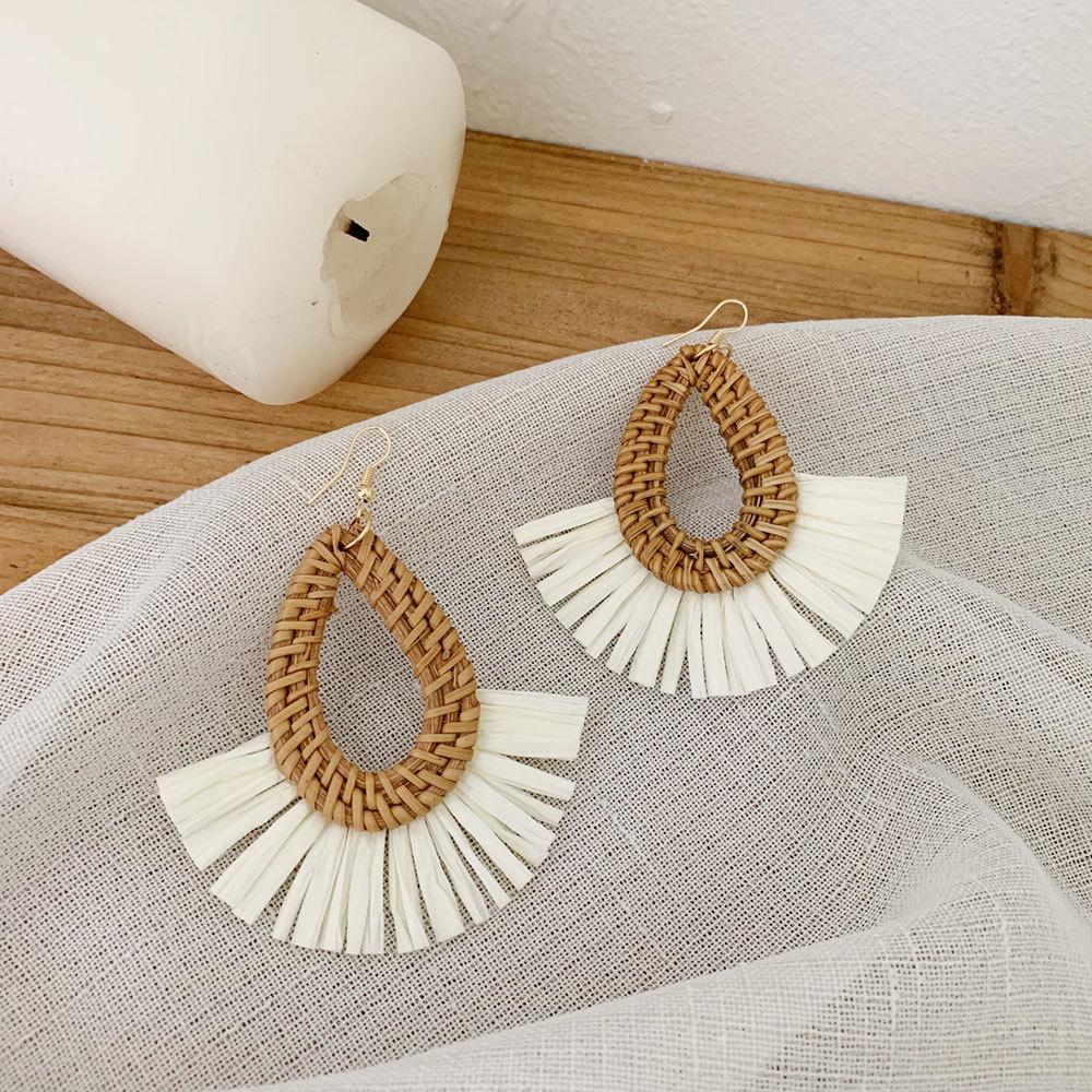 Korean Resort Style Handmade Rattan Raffia Straw Dangle Earrings with Ear Clips