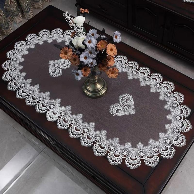 Stylish Coffee Table Cover Polyester Fabric Decorative Tablecloth Embroidery Flower Lace Doily For Dining Office Use
