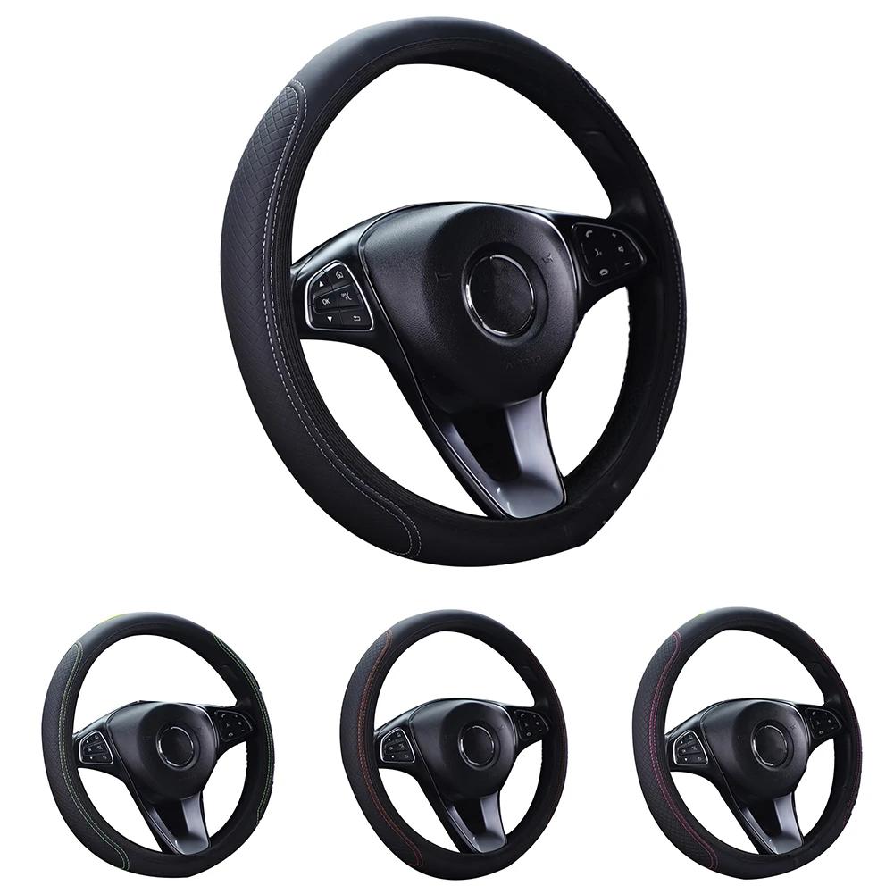 Durable Steering Wheel Cover Car Interior Leather Orange Line Pink Line Steering Wheel Cover 37-38cm Breathable