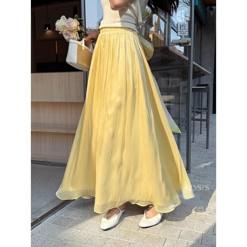 DIMANAF 2025 Summer Women New Skirts Solid Elastic Waist Pleated Mesh Elegant Yellow Blue Skirts