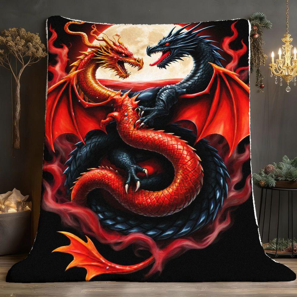 Double Dragon Art Pattern Decorative Throw Blanket for Sofa, Bed, Living Room, Home Decor, and Interior Styling
