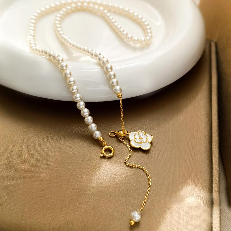 Camellia Pearl Necklace Fashion Light Luxury Rice Grain Freshwater Pearl Niche Sweater Chain Pull Adjustable Clavicle Chain