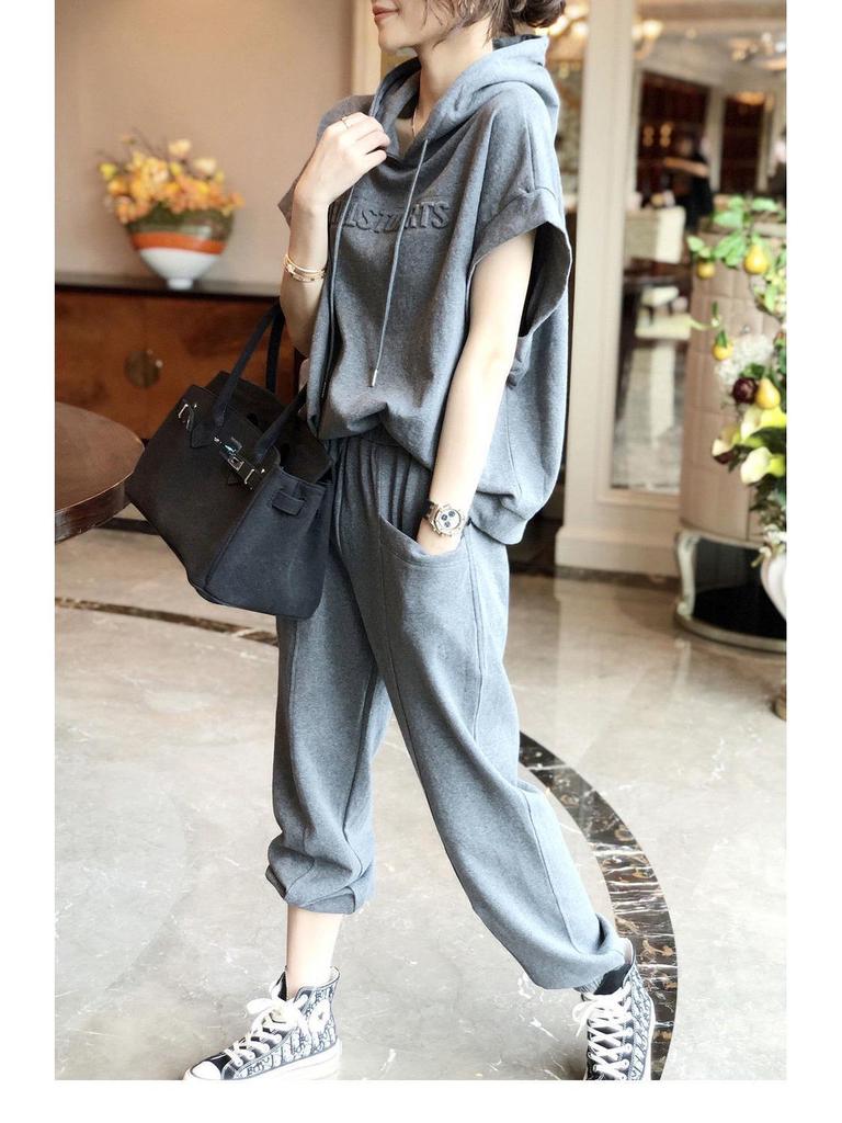 Women's Korean Style Summer Hooded Short-Sleeve Sweater and Casual Harem Pants Two-Piece Set