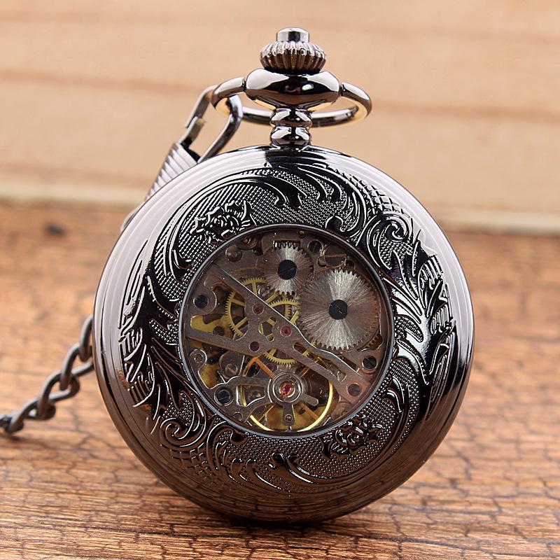Gear Gun Black Mechanical Pocket Watch Vintage Clamshell Hollow Necklace Pocket Watch for Men and Women