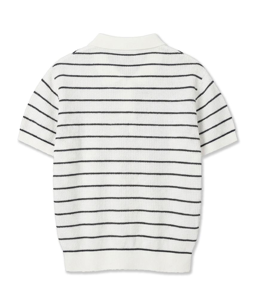 POLYGRAM Textured Striped Collared Short Sleeve Knit - White