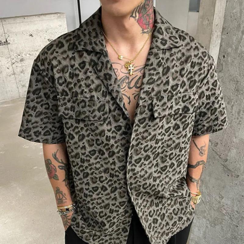 Herren Kurzarmhemd mit Leopardenmuster Kubanischer Kragen Oversized Lässig Streetwear Für Tägliche Partykleidung