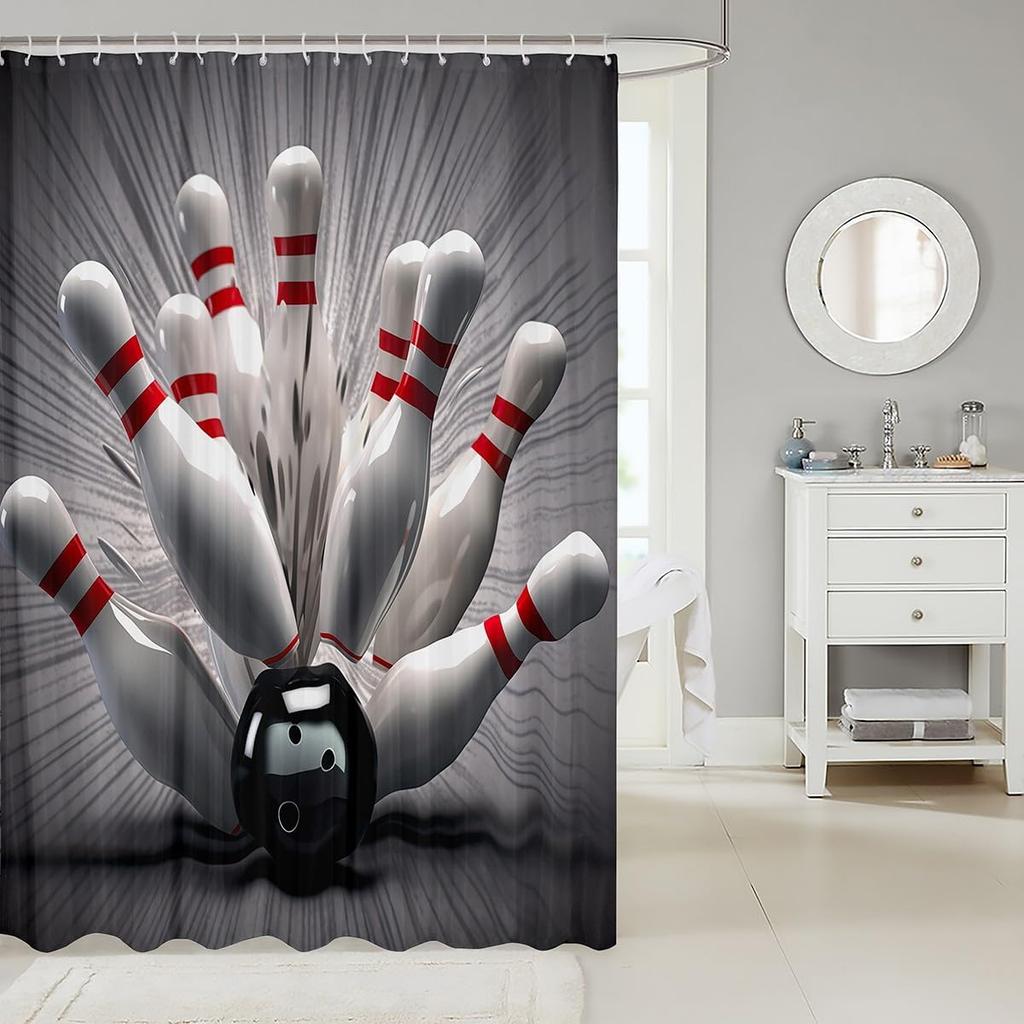 3D Bowling Ball Shower Curtain Sports Theme Modern Athlete Competitive Ball Game Decor For Boys Girls Youth With Hooks