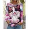 Christmas Cute Cat Women's Long Sleeve T-shirt Round Neck Autumn Animal Clothing Festival Fashion Party T-shirt Top
